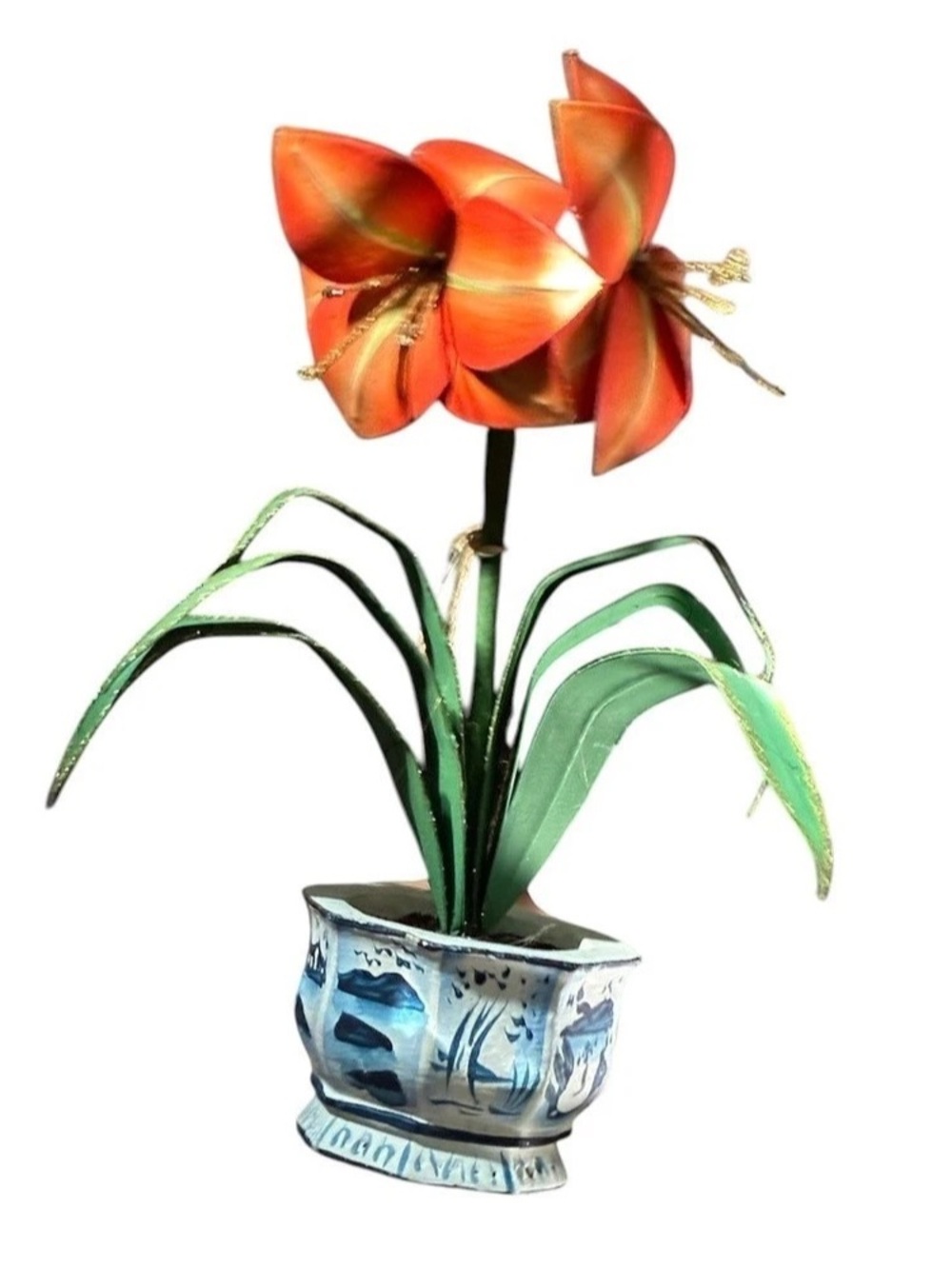 Christmas ornament Orange Amaryllis Floral Paper Chinoiserie Blue White Pot 6”